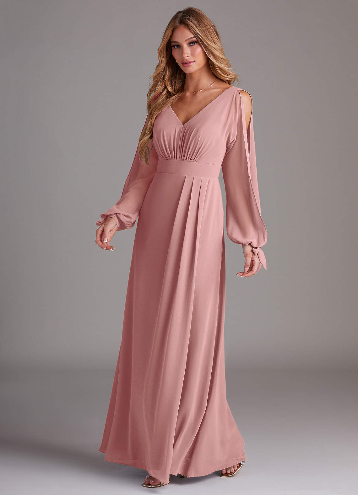 Azazie Matilda Bridesmaid Dresses Dusty Rose A-Line Long Sleeve Chiffon Dress image1