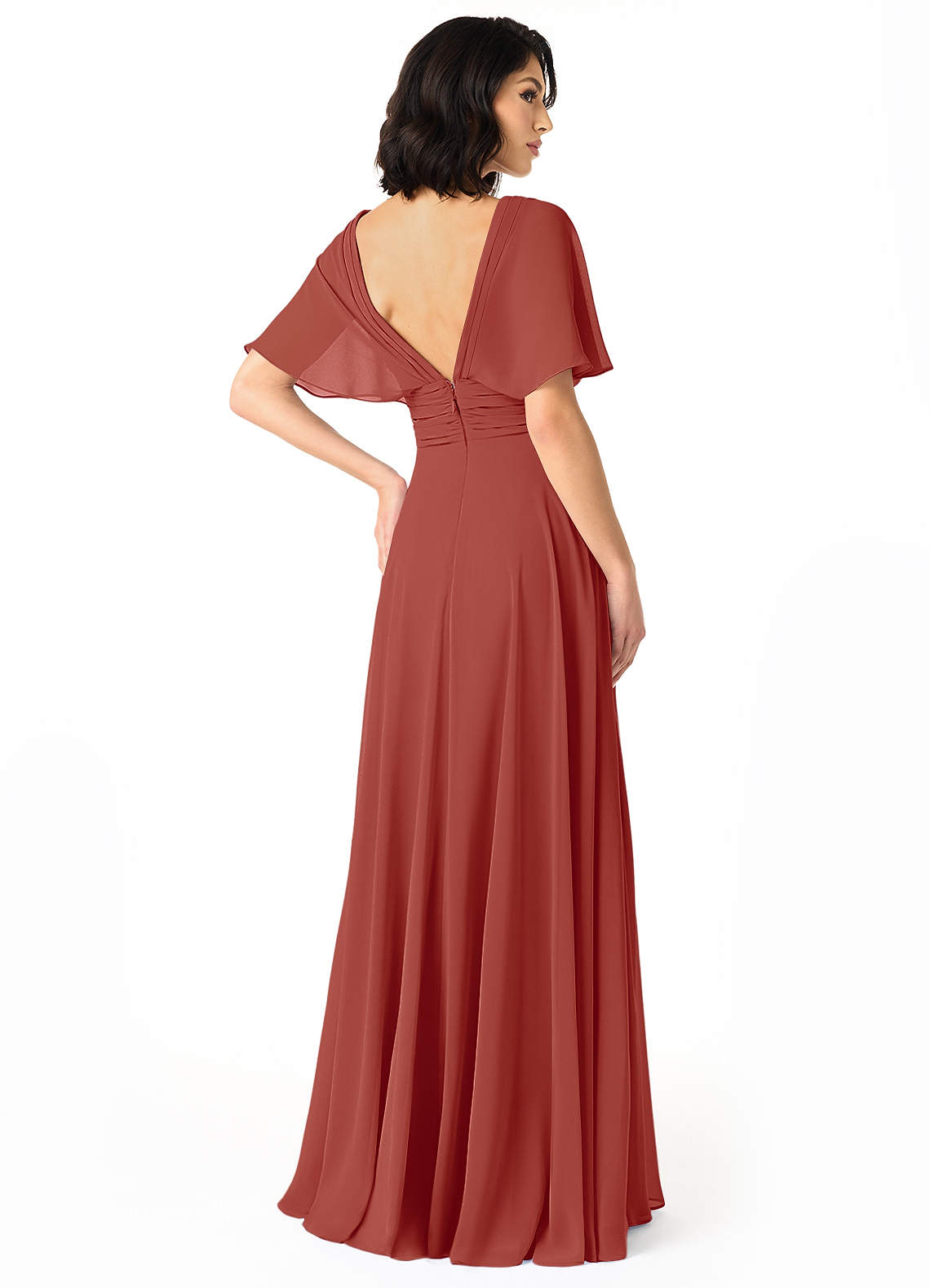 Azazie Pamela Robes de demoiselle d'honneur Robe Trapèze en Mousseline de soie Col V plissé Terracotta image1