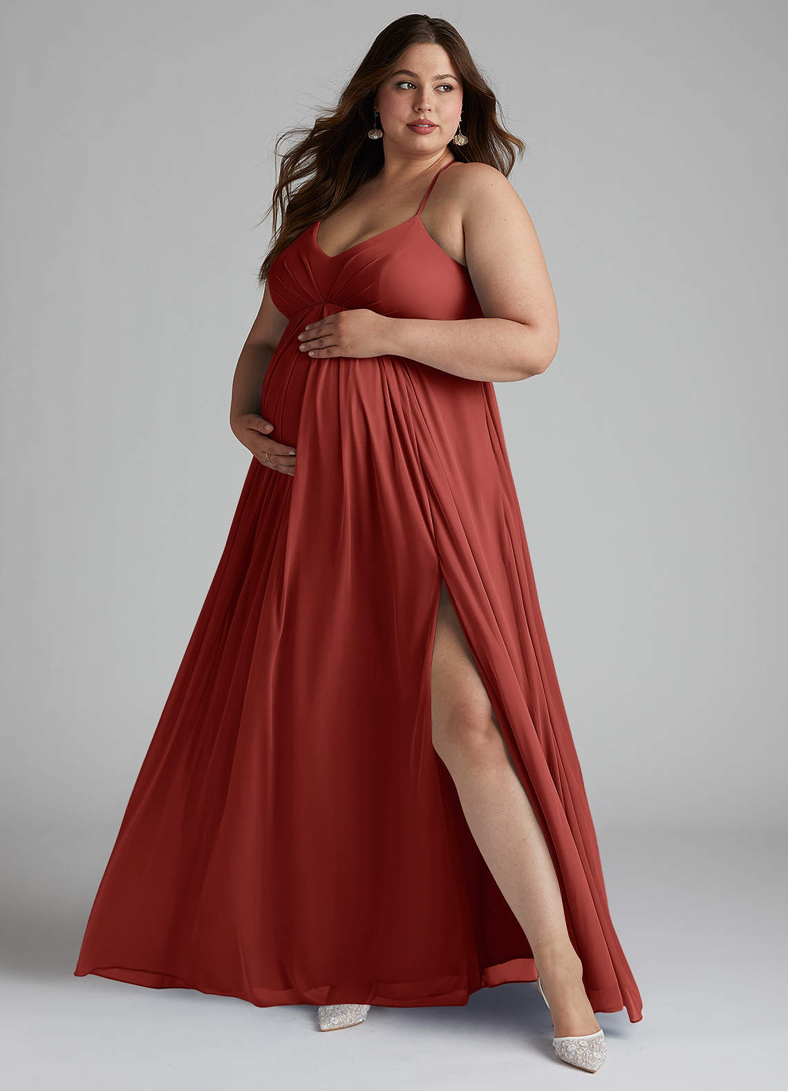 Azazie Annabelle vestidos de dama de honor de maternidad Vestido de Corte En A Cuello en V plisado Hasta el suelo Malla image6