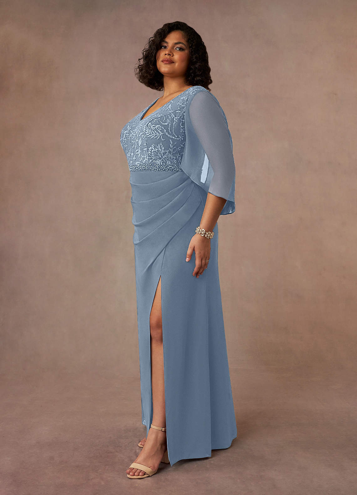 Azazie Plus Size Mermaid V Neck Floor Length Lace Mother of Groom Bride Dresses dusty blue