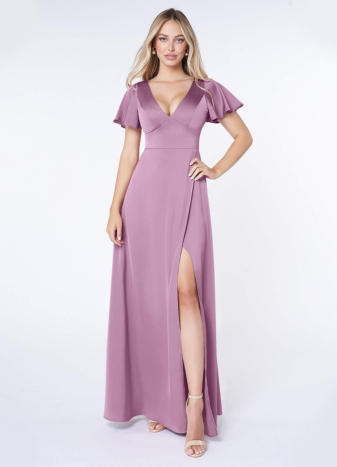 Azazie Lani Bridesmaid Dresses Wisteria A-Line Flounce Sleeve Stretch Satin Dress image1