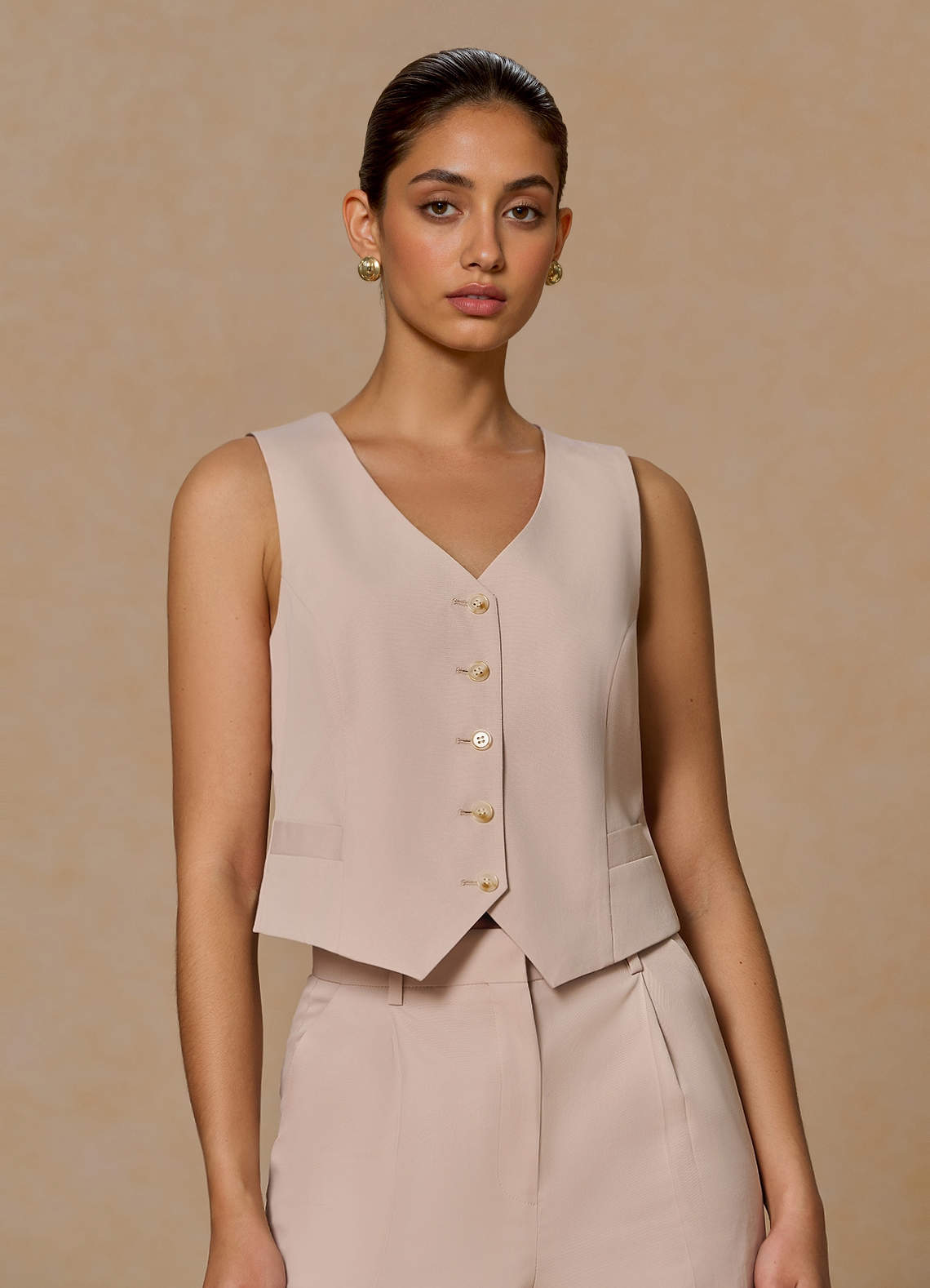 front Margaret Bronceado Chaleco de mezcla de algodón y lino