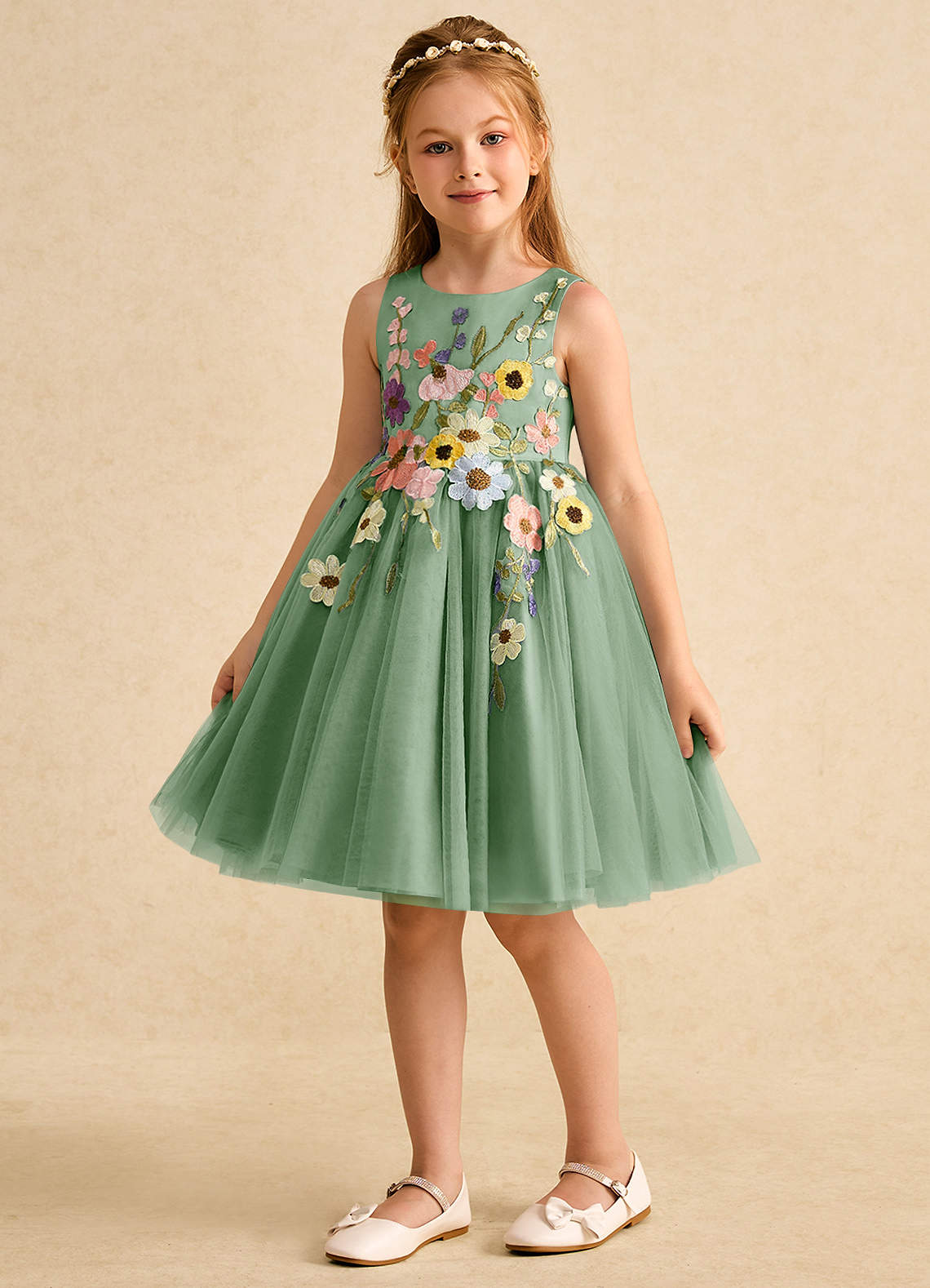 Azazie Prima Robe Demoiselle D'honneur Fillette Robe Trapèze en Tulle Arc Matcha image4