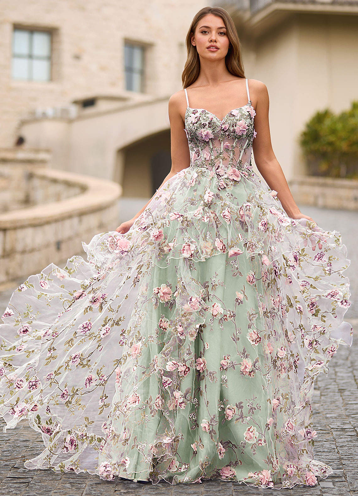 slim fit dress slacks Green Puffy Tulle with Pink Floral Top Evening Dress Party Dress, Gree –  Cutedressy main image 0