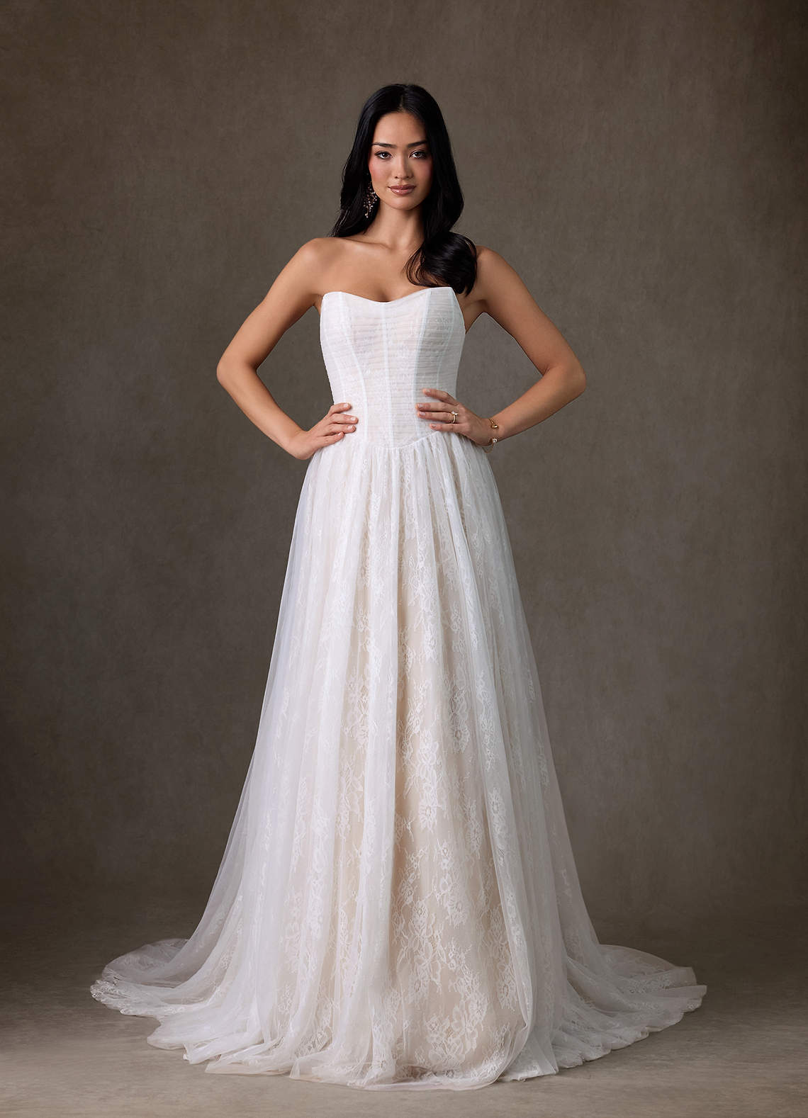 Azazie Adriana Diamond White Champagne A-Line Strapless Lace Dress