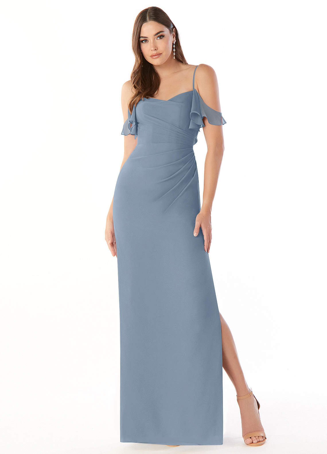 Azazie Emeralda Bridesmaid Dresses Dusty Blue Sheath Off the Shoulder Chiffon Dress image2