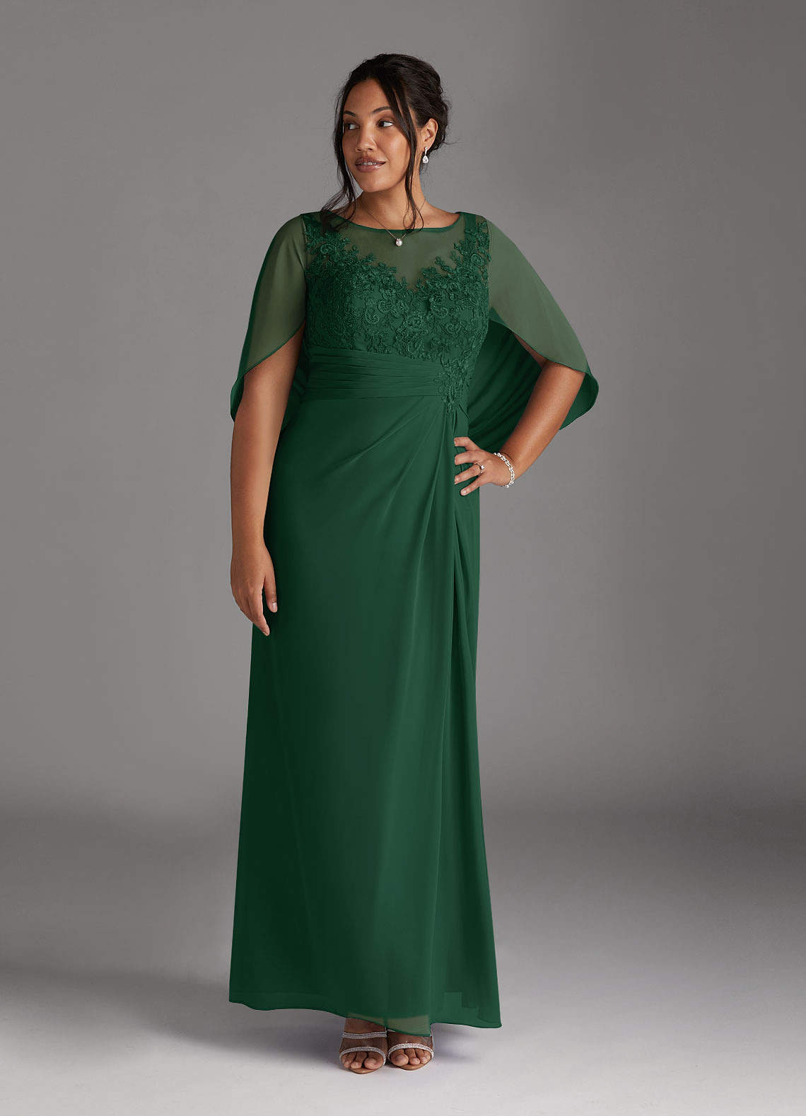 Azazie Hera Mother of the Bride Dresses Dark Green A-Line Lace Capelet Chiffon Dress image5