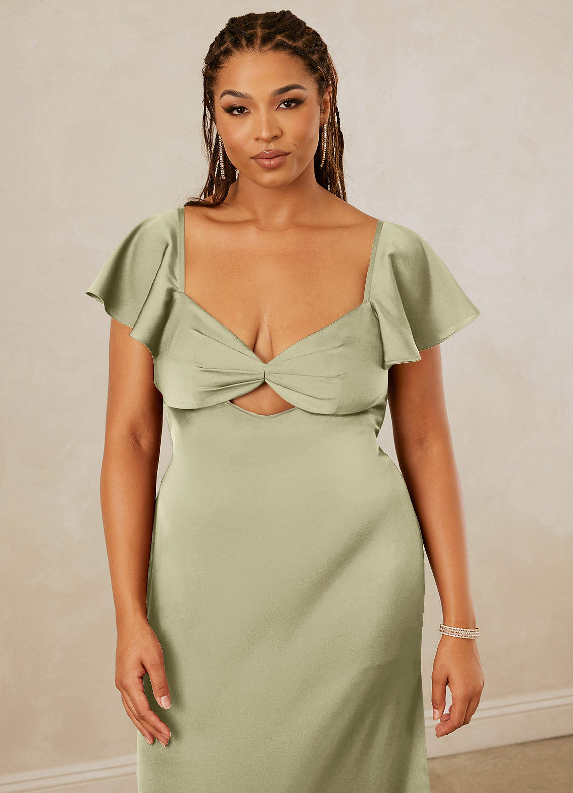 Christian Siriano Bridal for Azazie 1005 Bridesmaid Dresses Flutter Sleeve Stretch Satin Sheath Dress image13