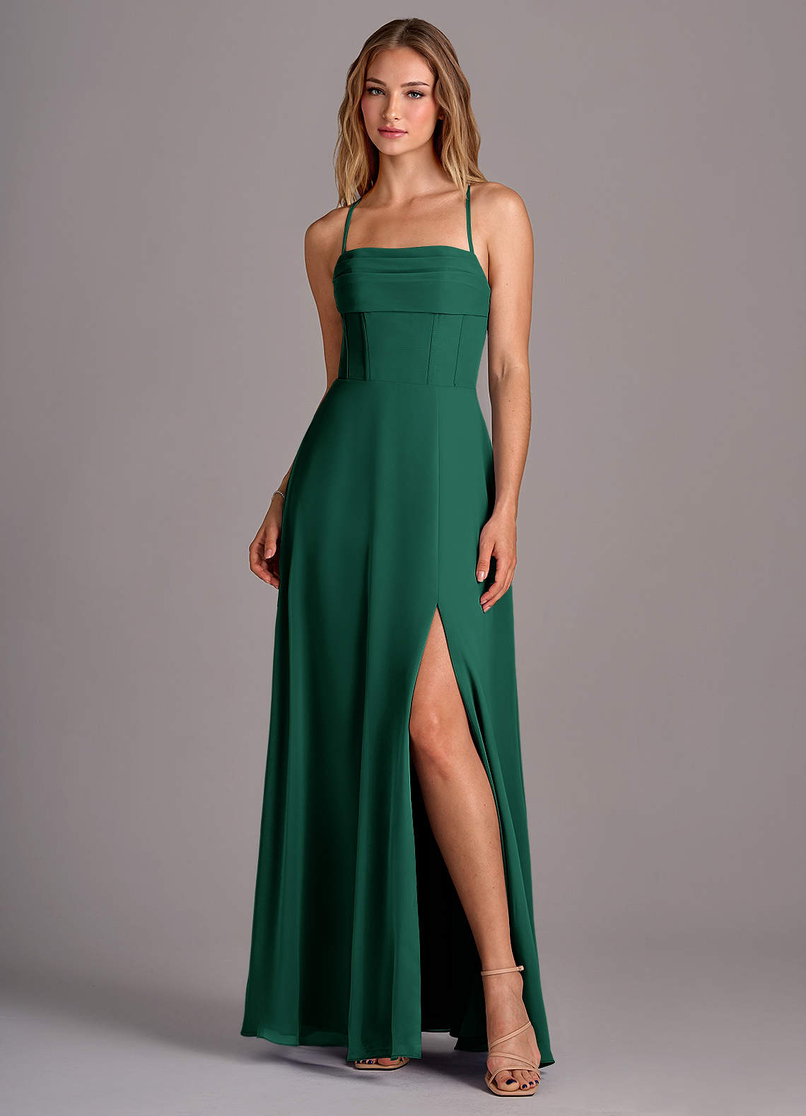Azazie Carolyn Bridesmaid Dresses Emerald A-Line Pleated Chiffon Dress image1