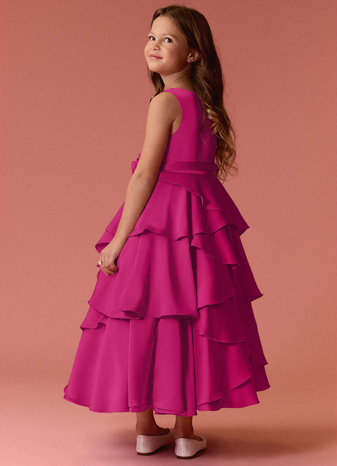 Barbie ♥ Azazie Flower Girl Dresses Scoop Floral Belt Tier Stretch Satin A-Line Dress image6