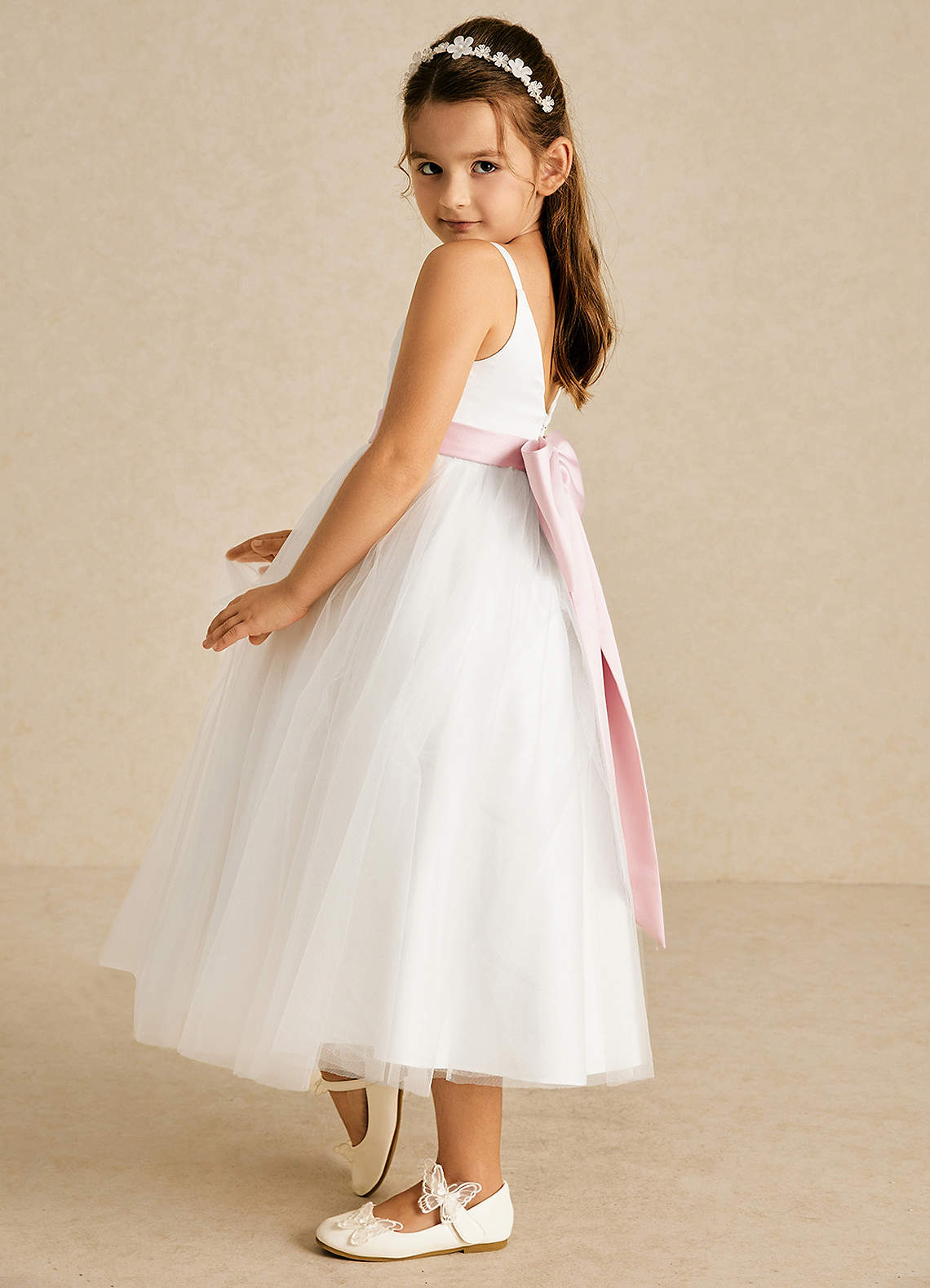 Azazie Lea vestidos de niña de las flores Vestido de Rosa Rubor de Tul de Corte En A con Tirante Espagueti image4