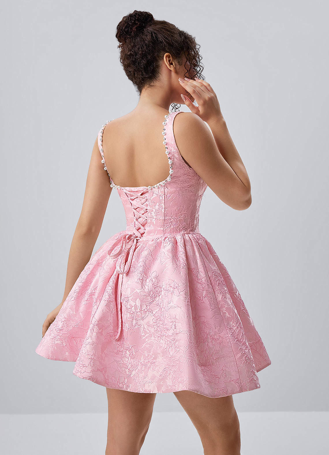Phinsera Pink Jacquard Corset Lace-up Back Mini Dress | Azazie