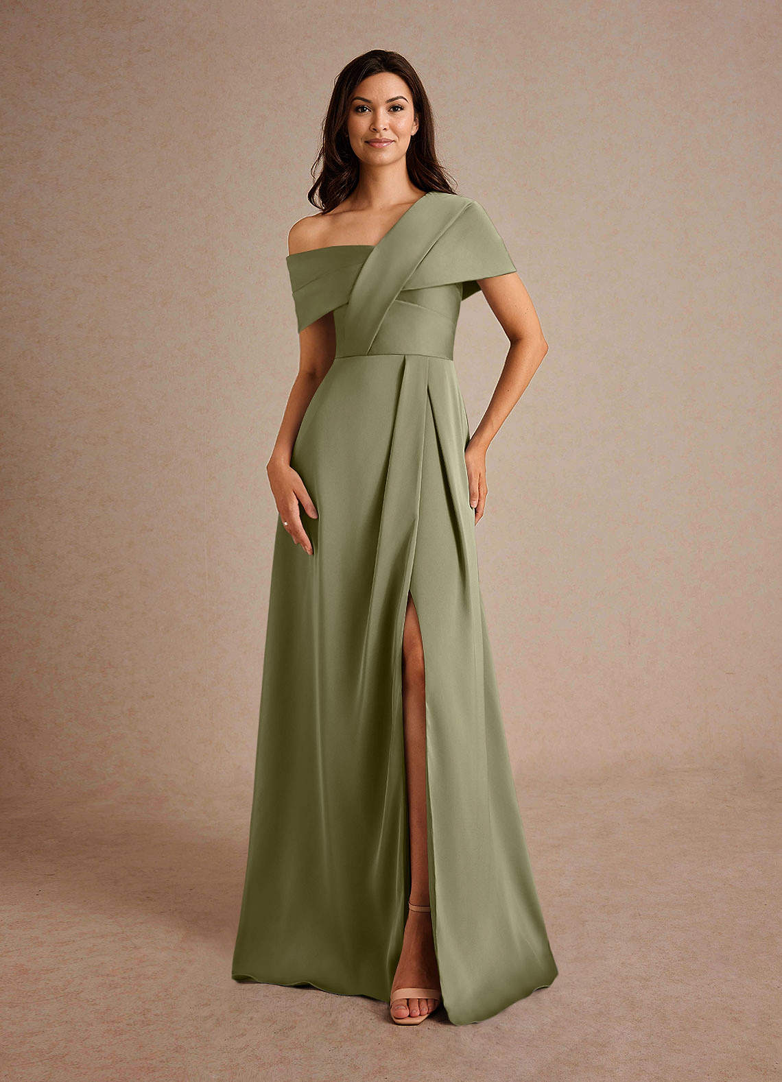 Azazie Milton Mother of the Bride Dresses Pistachio A-Line Pleated Stretch Satin Dress image4