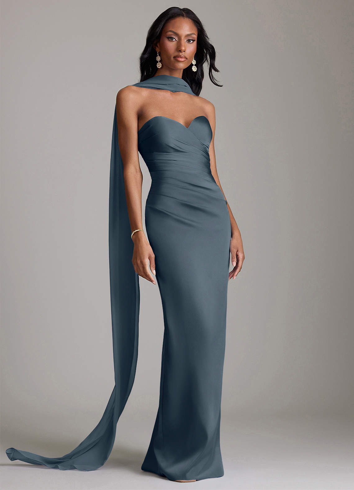 strapless grey bridesmaid dresses Azazie Sheath Floor-Length Stretch Satin light grey bridesmaid dresses