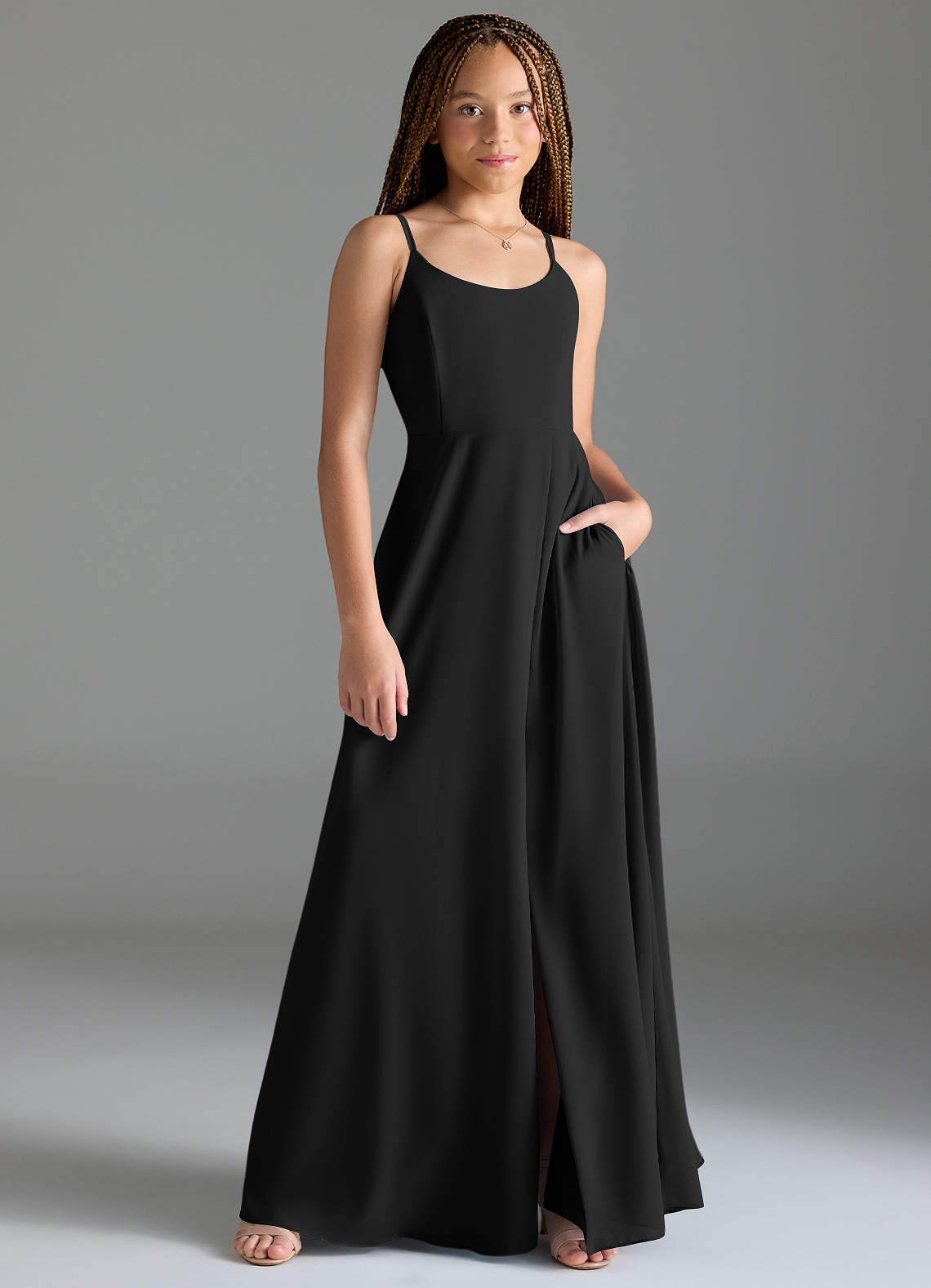 Azazie Moira Junior Black A-Line with Pockets Chiffon Dress image1