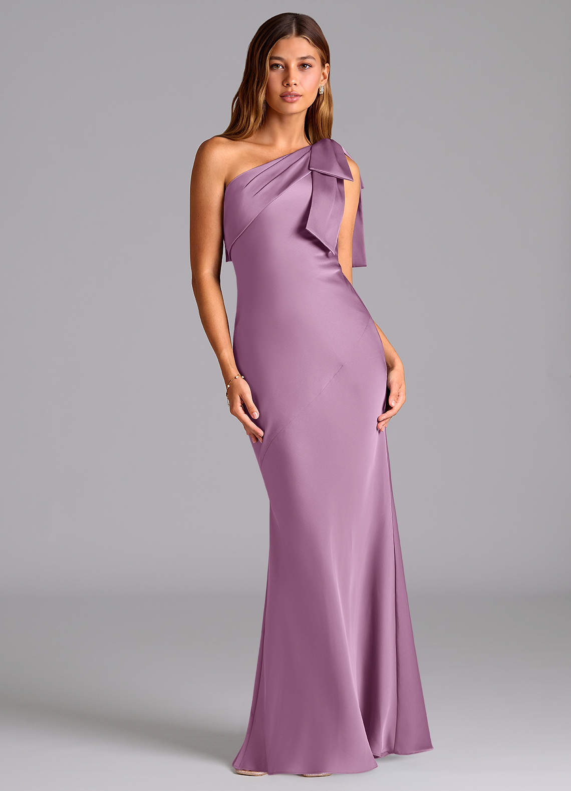 Azazie Yuanna Bridesmaid Dresses Wisteria Mermaid One Shoulder Stretch Satin Dress image1