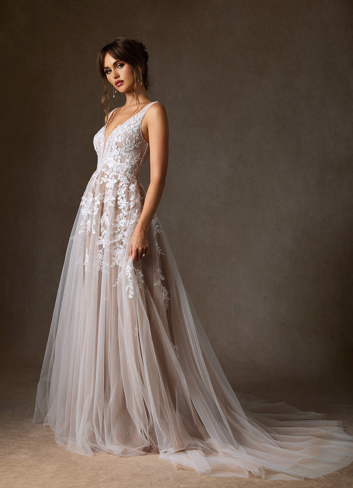 Azazie Sorella Wedding Dresses Diamond White Caramel A-Line V-Neck Sequins Tulle Dress image2