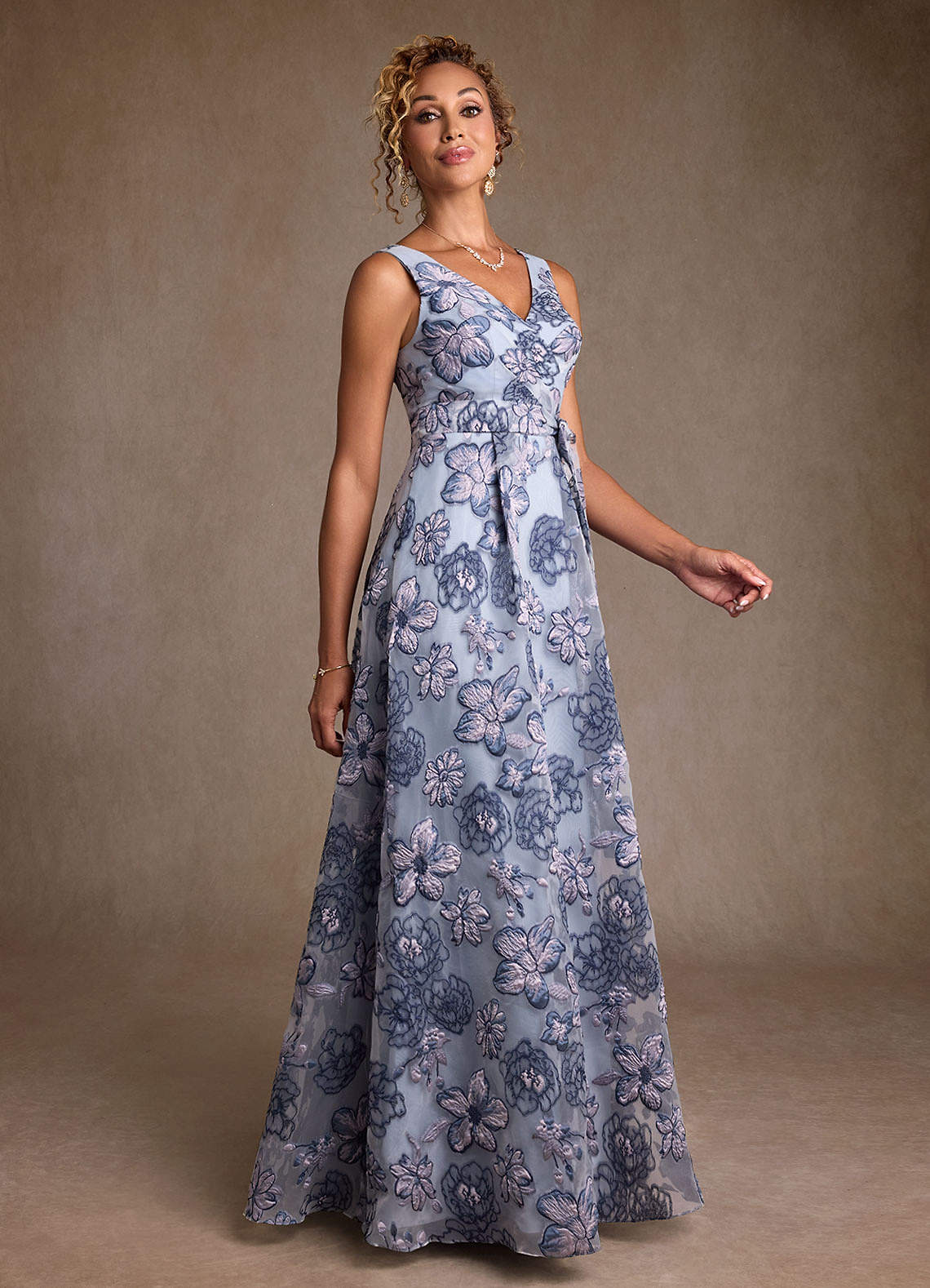 Azazie Luanne Dusty Blue Jacquard A-Line Pleated Floral Jacquard