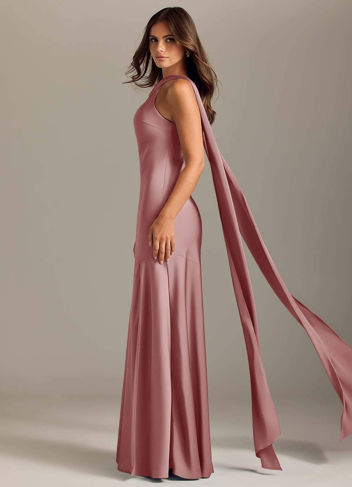 Azazie Kinsley Vestidos de damas de honor Vestido de Rosa Polvorienta de Satén Elástico de Corte Sirena con Corte Lateral image3