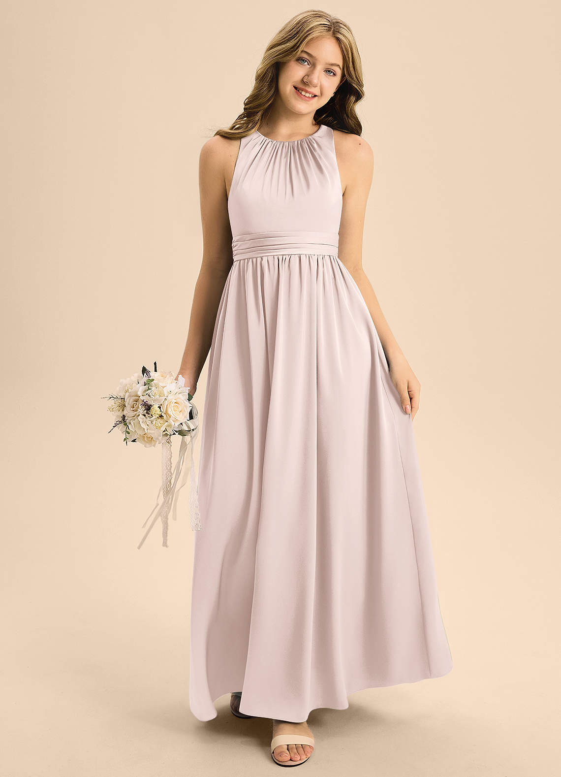 Azazie Jaylah Junior Vestido de Rosa Rubor de Satén Elástico de Corte en A con Plisado image2