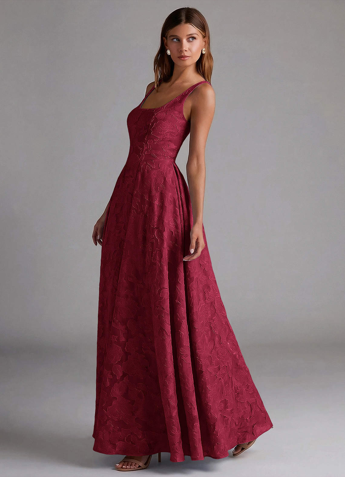 Azazie Amalie Vestidos de madrinha de casamento Vestido Borgonha de Esgotamento Floral de Linha A com Plissado image2