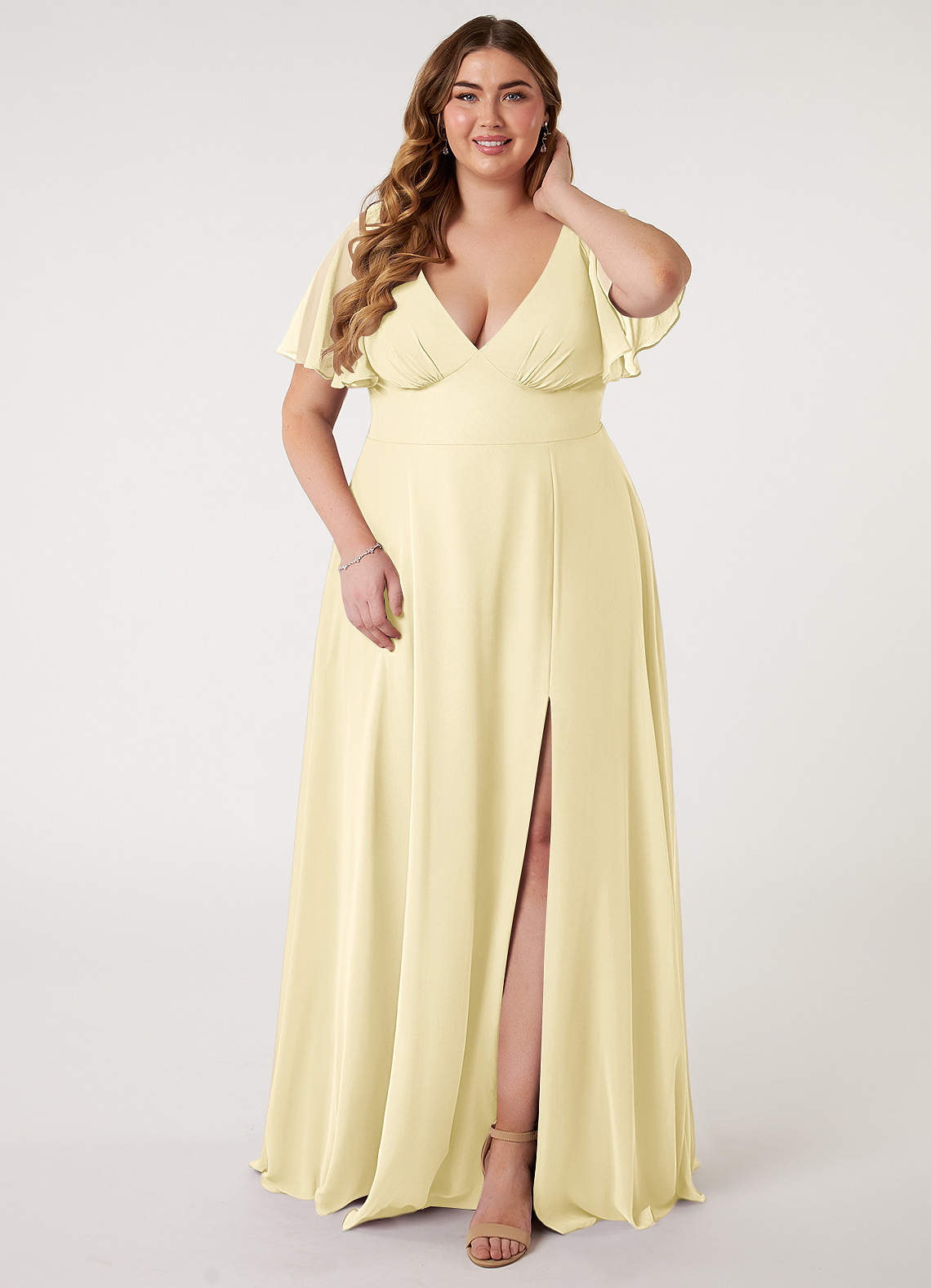 Azazie Kimber Robes de demoiselle d'honneur Robe Trapèze en Mousseline de soie Manches à volants Sorbet Citron image1