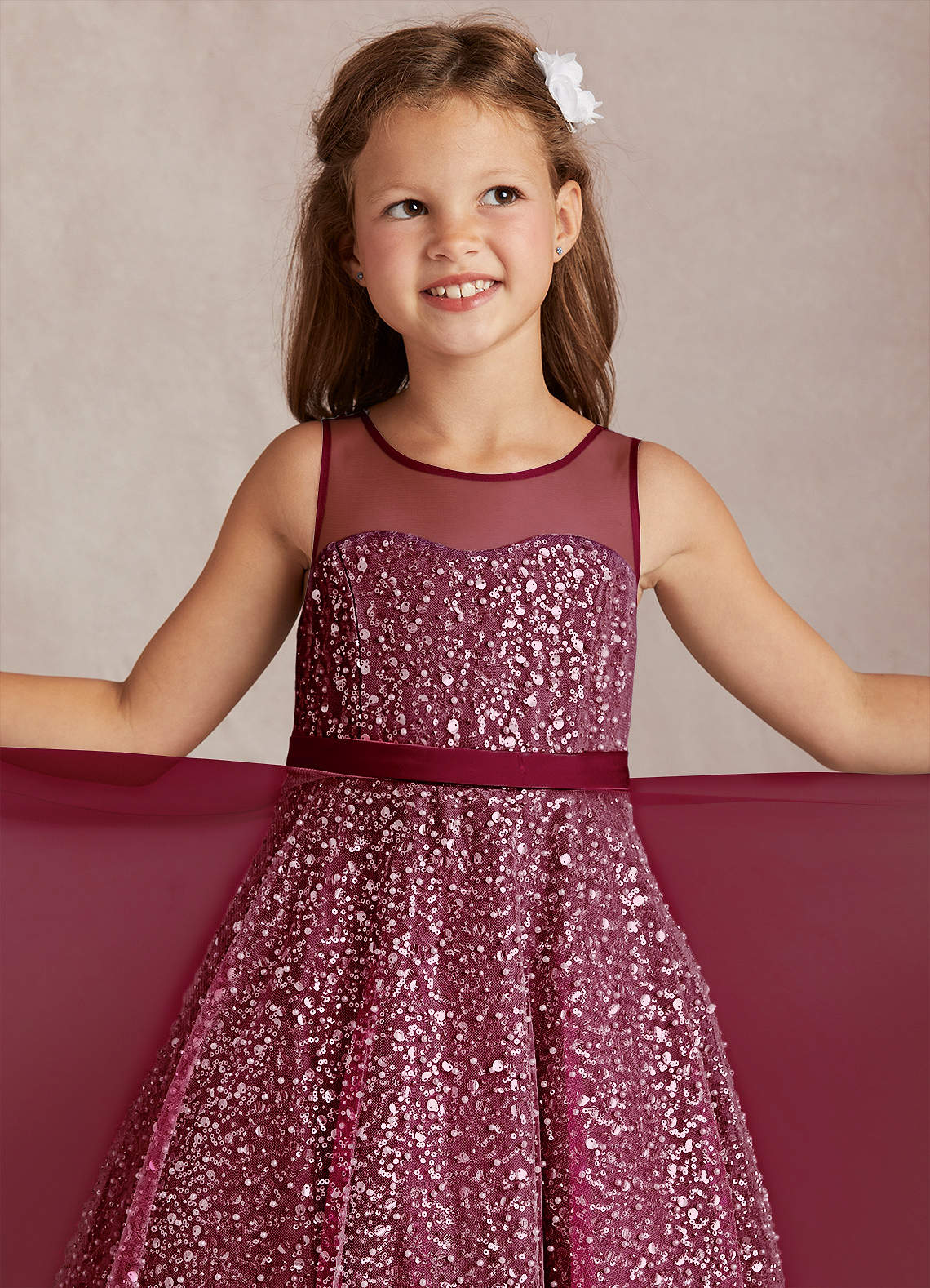 Azazie Siwa Flower Girl Dresses Burgundy A-Line Beaded Tulle Dress image1