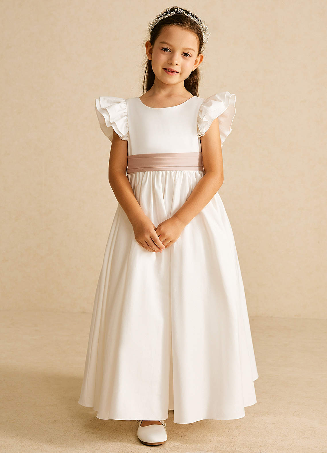 Azazie Aero Flower Girl Dresses Ivory English Rose A-Line Pleated Cotton Dress image3