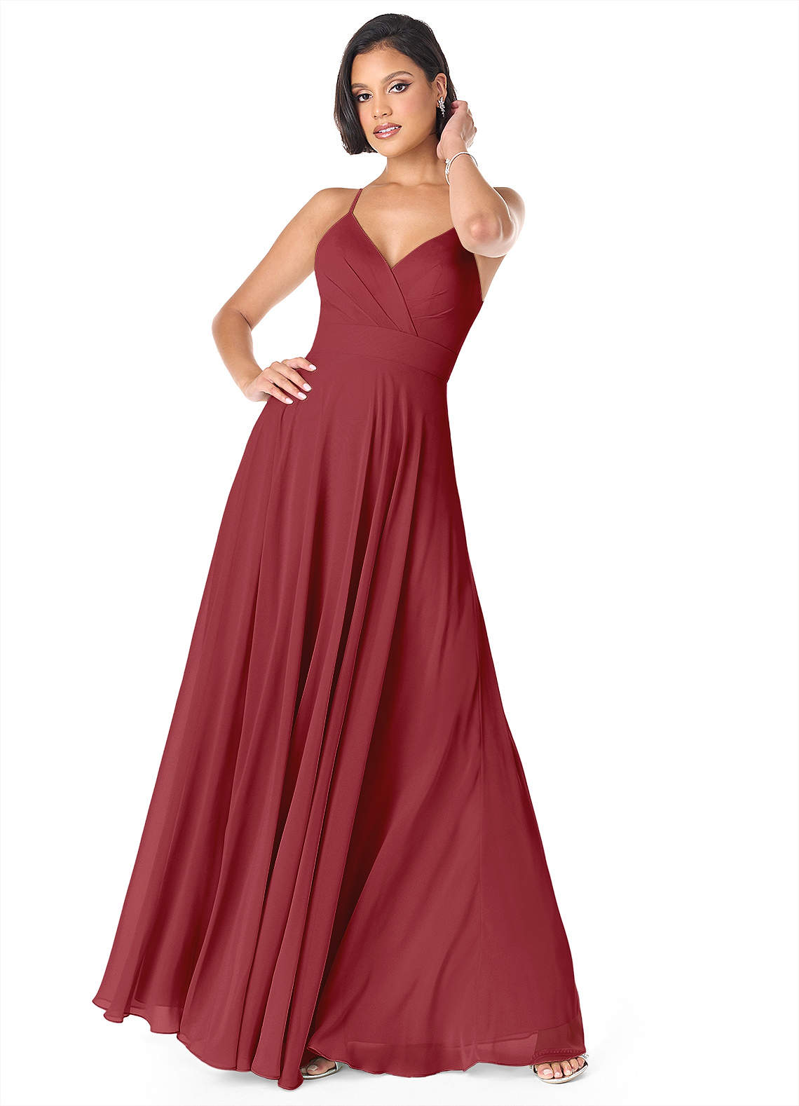 Azazie Avelina Bridesmaid Dresses Pomegranate A-Line V-Neck Pleated Chiffon Dress image1