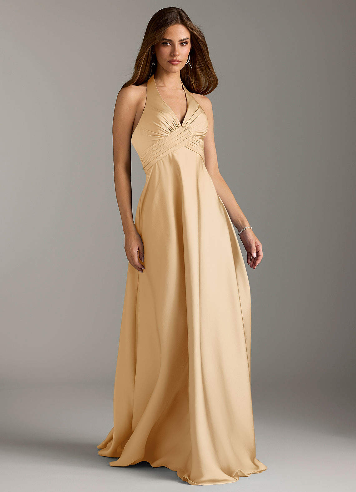 Azazie Tessie Bridesmaid Dresses Gold A-Line Pleated Stretch Satin Dress image1