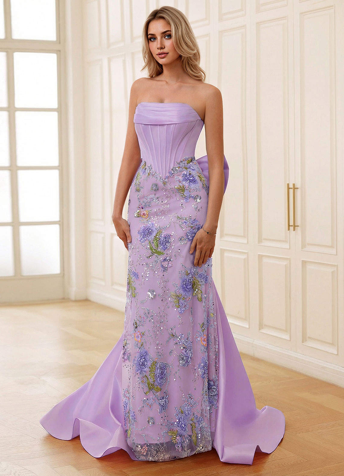 purple rhinestone dress Strapless Sheath See-through DUNTERY Lilac Color Length Jovani 43122 Long Prom Dress