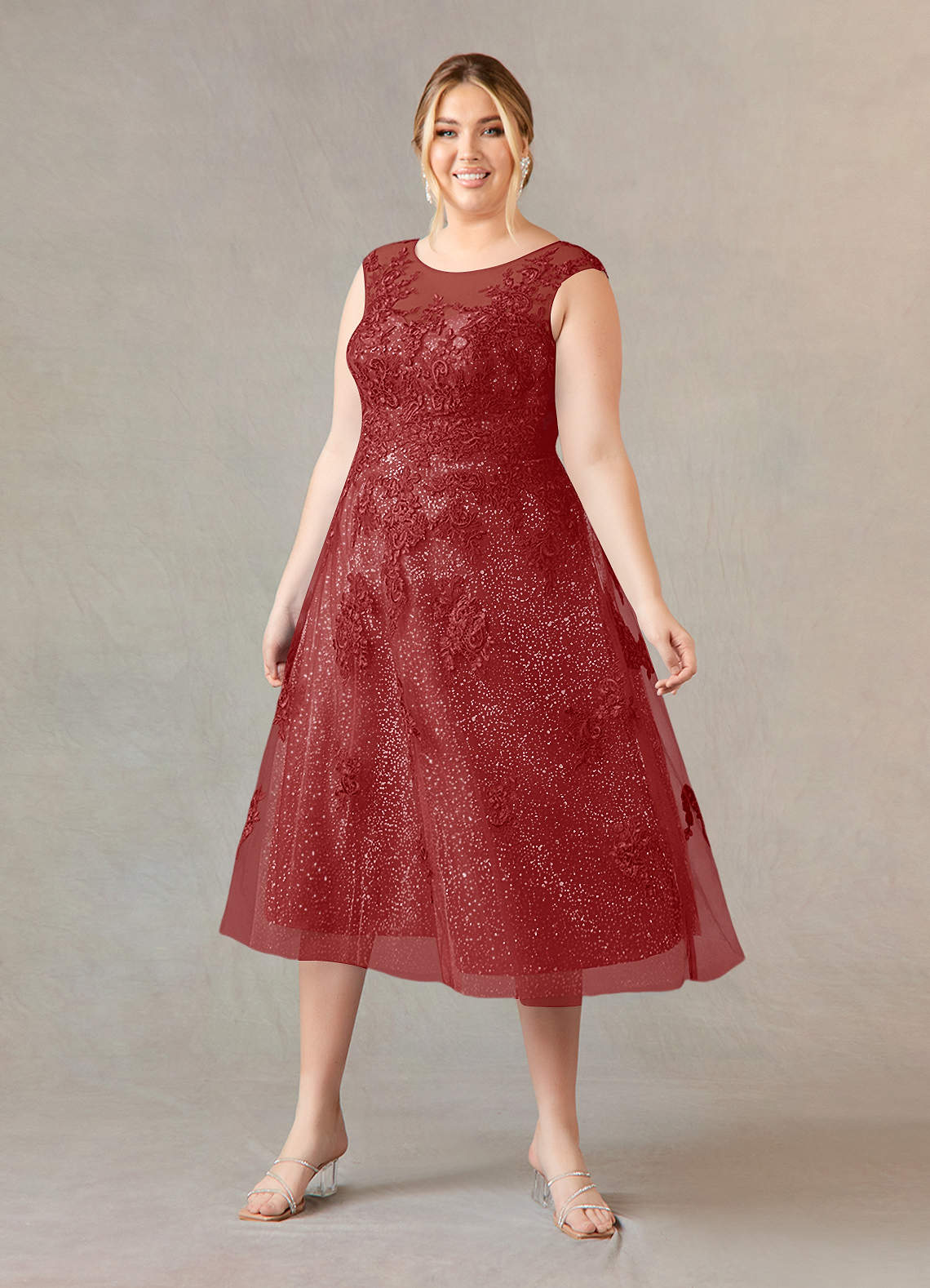 Azazie Flynn Mother of the Bride Dresses Rust A-Line Boatneck Lace Tulle Dress image1