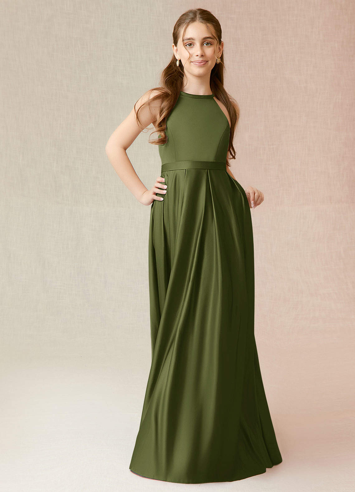 Azazie Arianthe Junior Olive A-Line with Pockets Stretch Satin Dress image3
