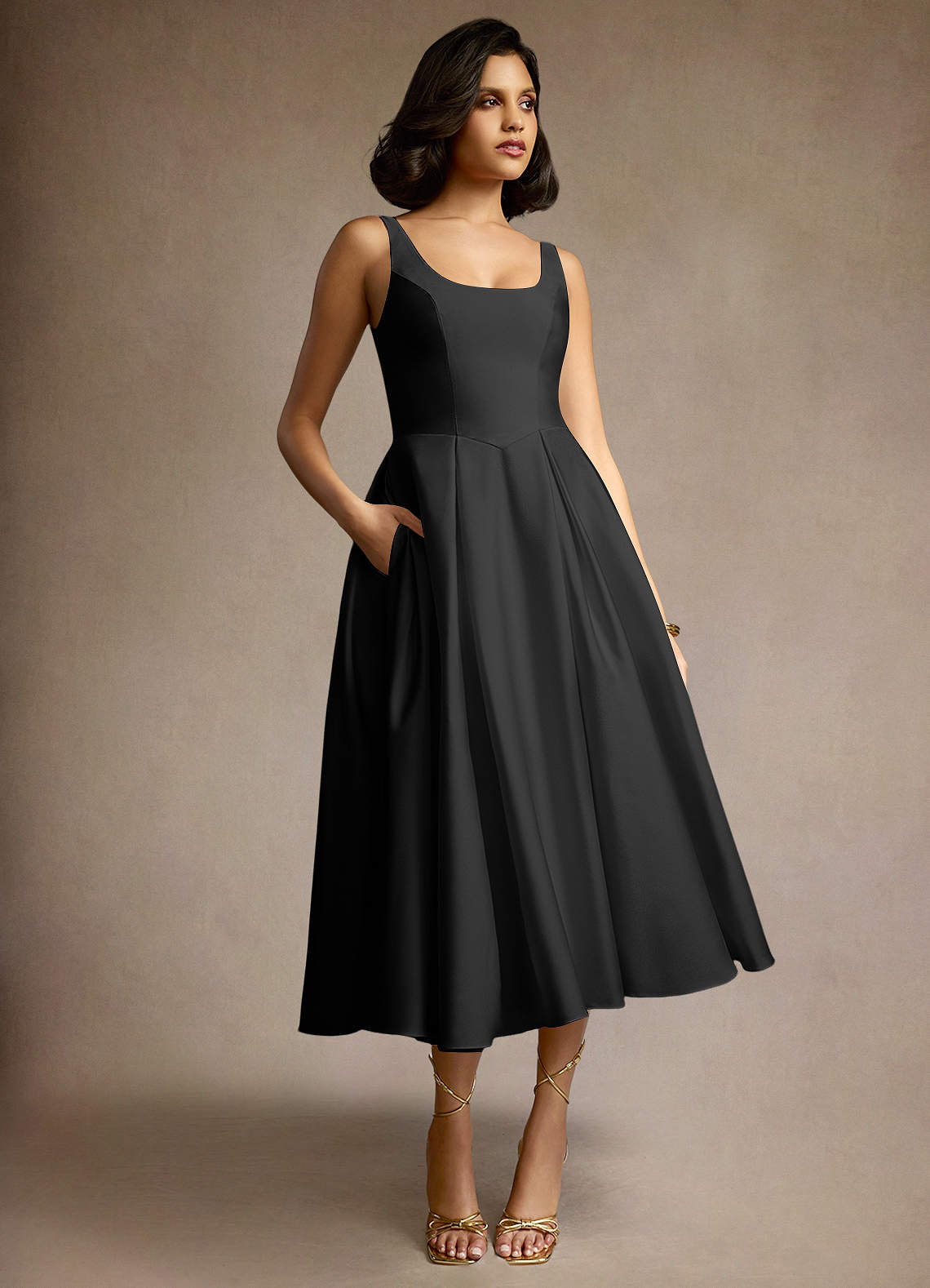 Olivia Black Pleated Midi Dress | Azazie CA