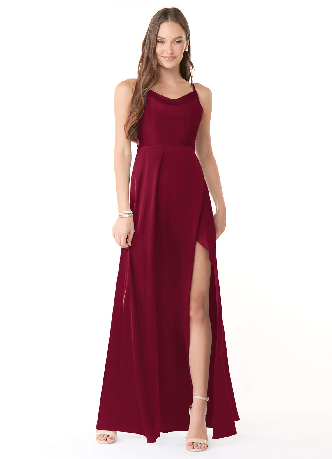 Azazie Naomie Bridesmaid Dresses Burgundy A-Line Cowl Neckline Side Slit Stretch Satin Dress image1