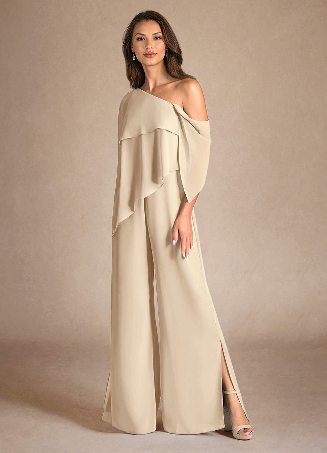 Azazie Halima Abiti per la Madre della Sposa Abito Tuta Pantaloni in Chiffon Spacco Laterale Champagne image5