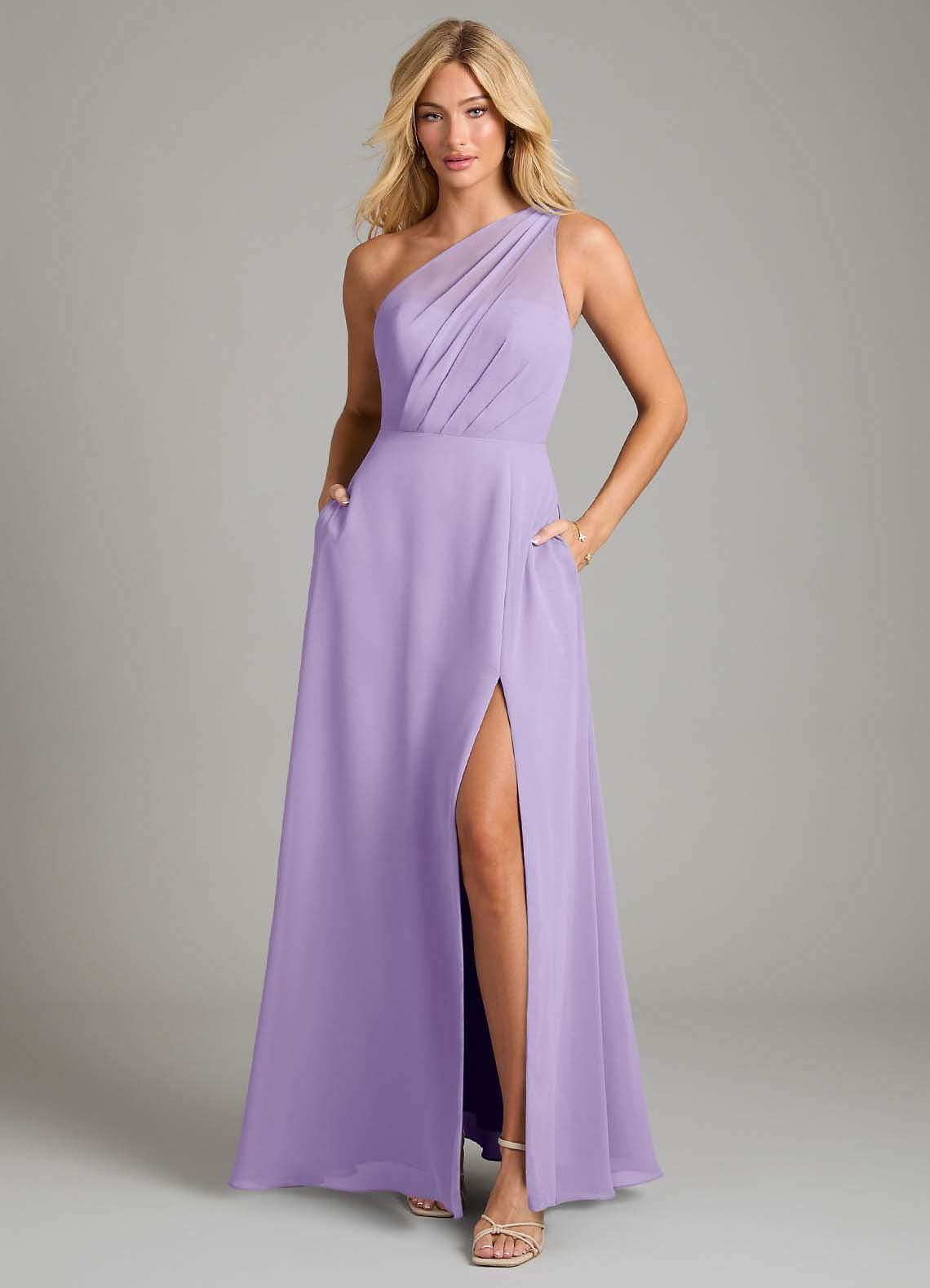 Azazie Phaedra Bridesmaid Dresses Lilac A-Line One Shoulder Chiffon Dress image2