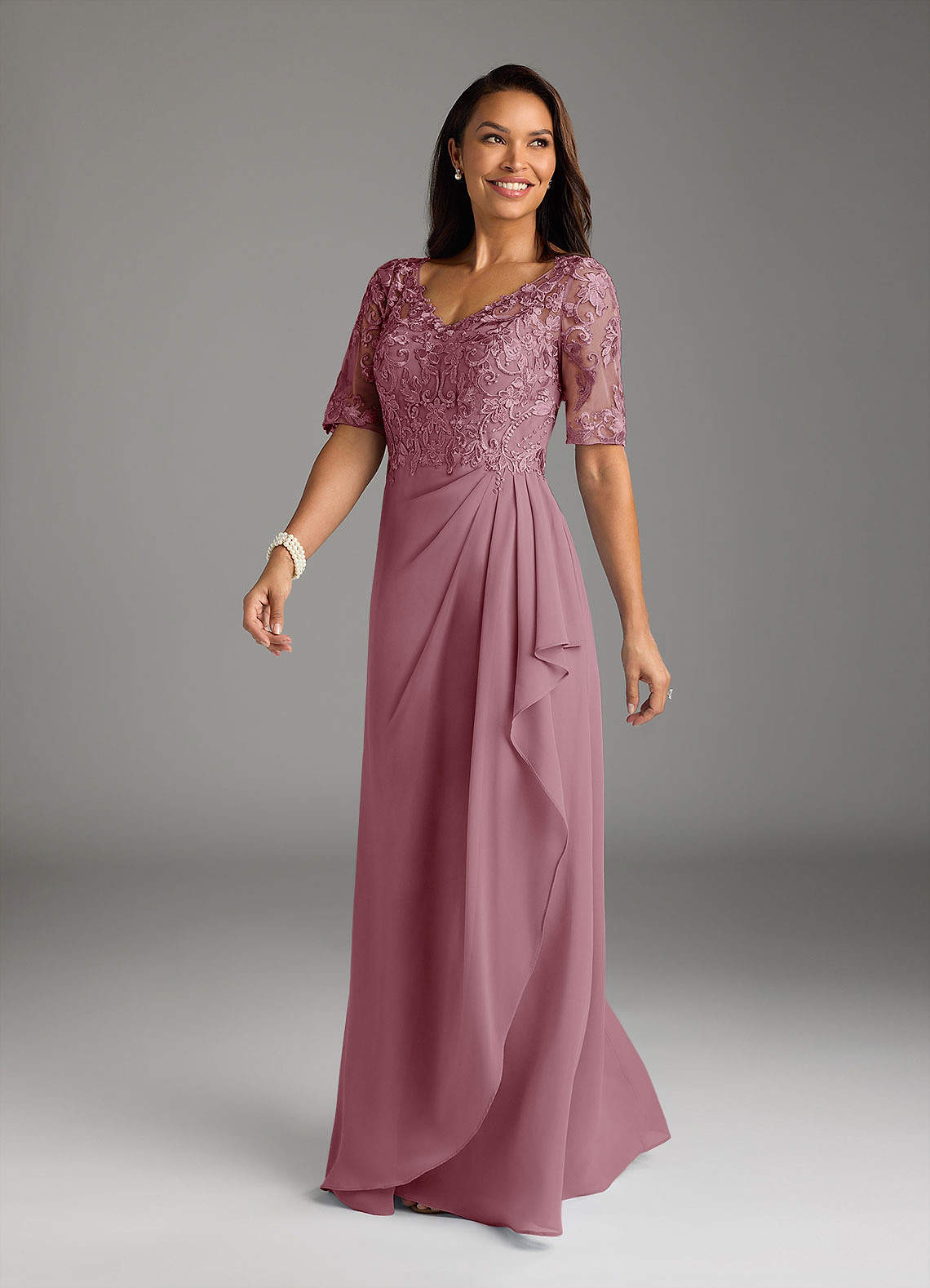 Azazie A-Line/Princess V-Neck Floor-Length Lace Mother of The Bride or Groom Dresses - Vintage Mauve