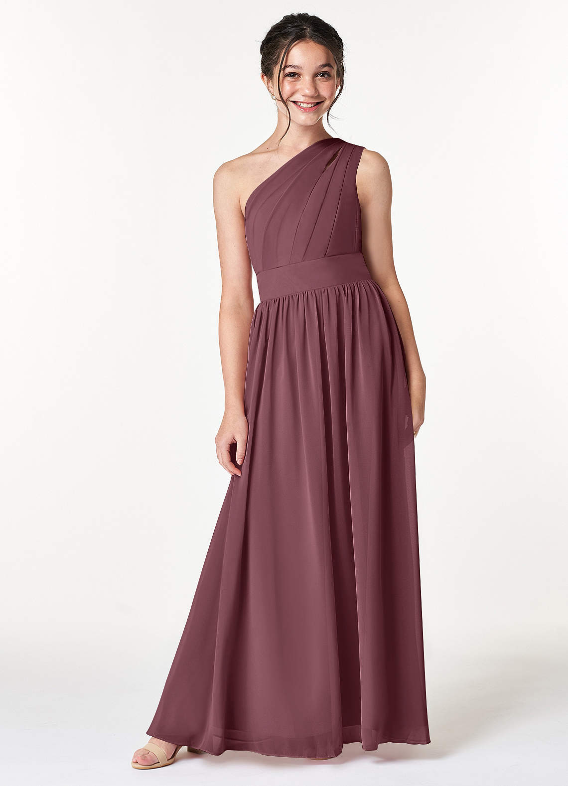 Azazie Molly Junior Abito A-Line in Chiffon Plissettato Sangria image1