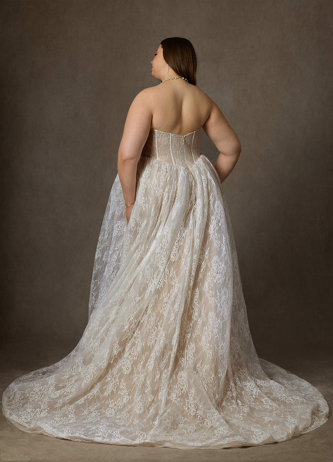 Azazie Demetria Wedding Dresses Diamond White Nude Ball-Gown Strapless Lace Dress image11