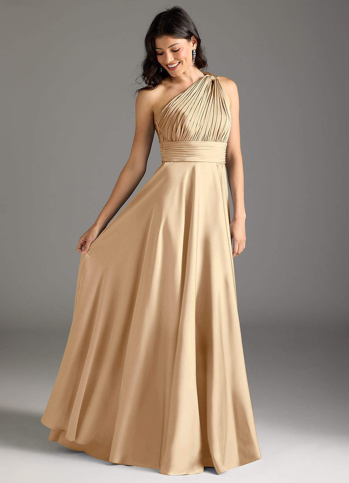 Azazie Charlize Bridesmaid Dresses Champagne A-Line One Shoulder Stretch Satin Dress image1