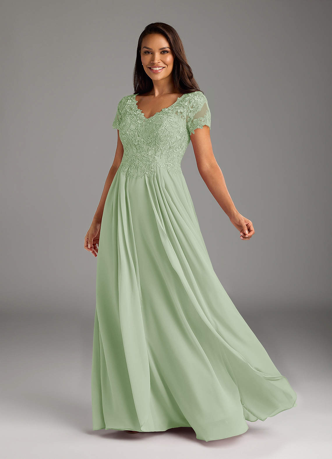 Azazie Dunja Dusty Sage A-Line V-Neck Lace Chiffon Dress | Azazie UK