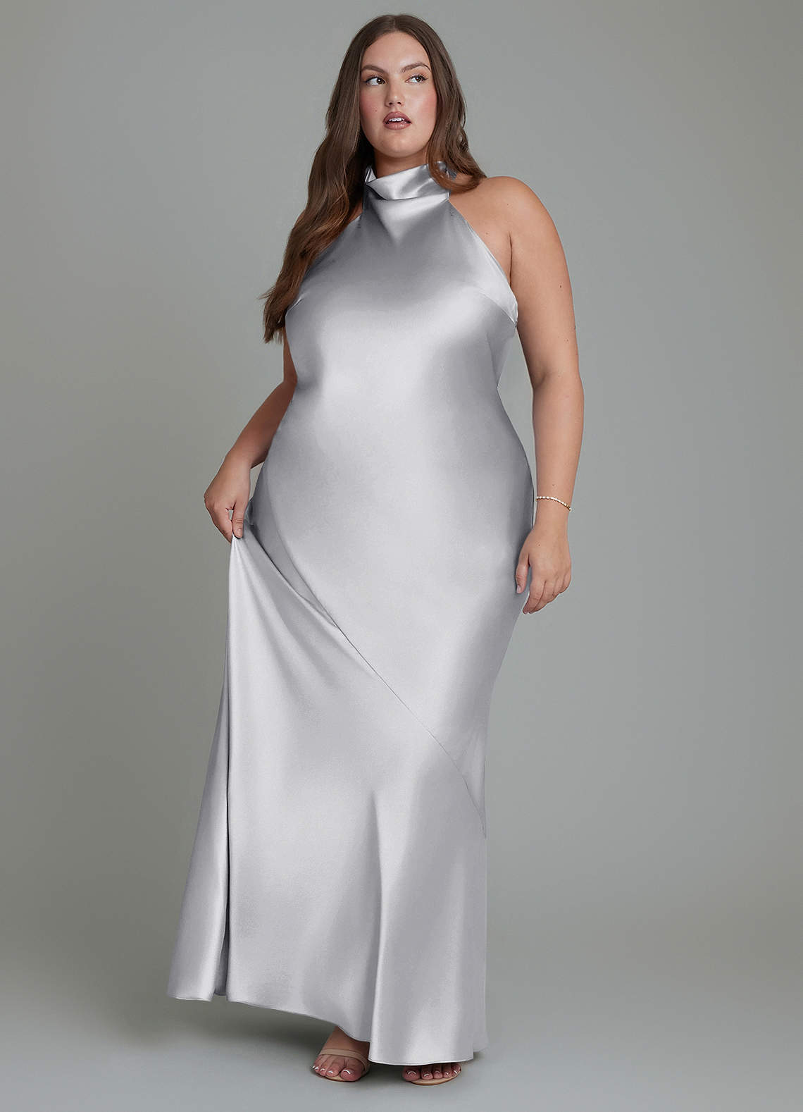 Azazie Velli Bridesmaid Dresses Silver Sheath High Neck Metallic Satin Dress image10