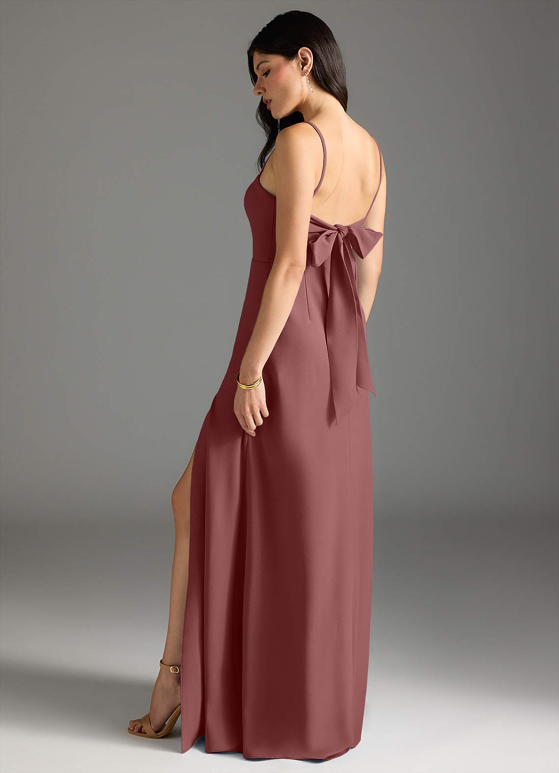 Azazie Melia Bridesmaid Dresses Desert Rose A-Line Bow Stretch Crepe Dress image1