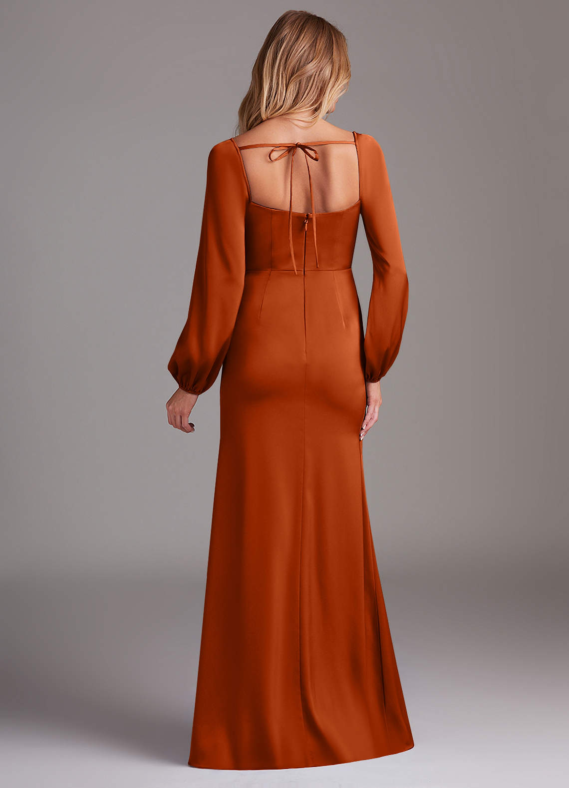 burnt orange bridesmaid dresses with sleeves Boho Chiffon Lisposa Popular Burnt Orange Bridesmaid Dress Featuring Plunge Neckline and Front slit. Azazie Sheath Cowl Neck Long
