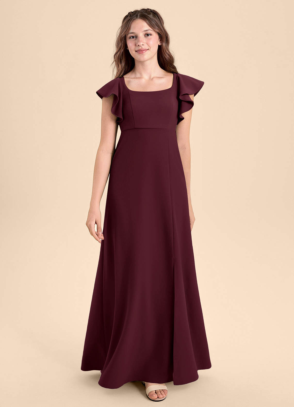 Azazie Bondi Junior Cabernet A-Line Side Slit Stretch Crepe Dress image1