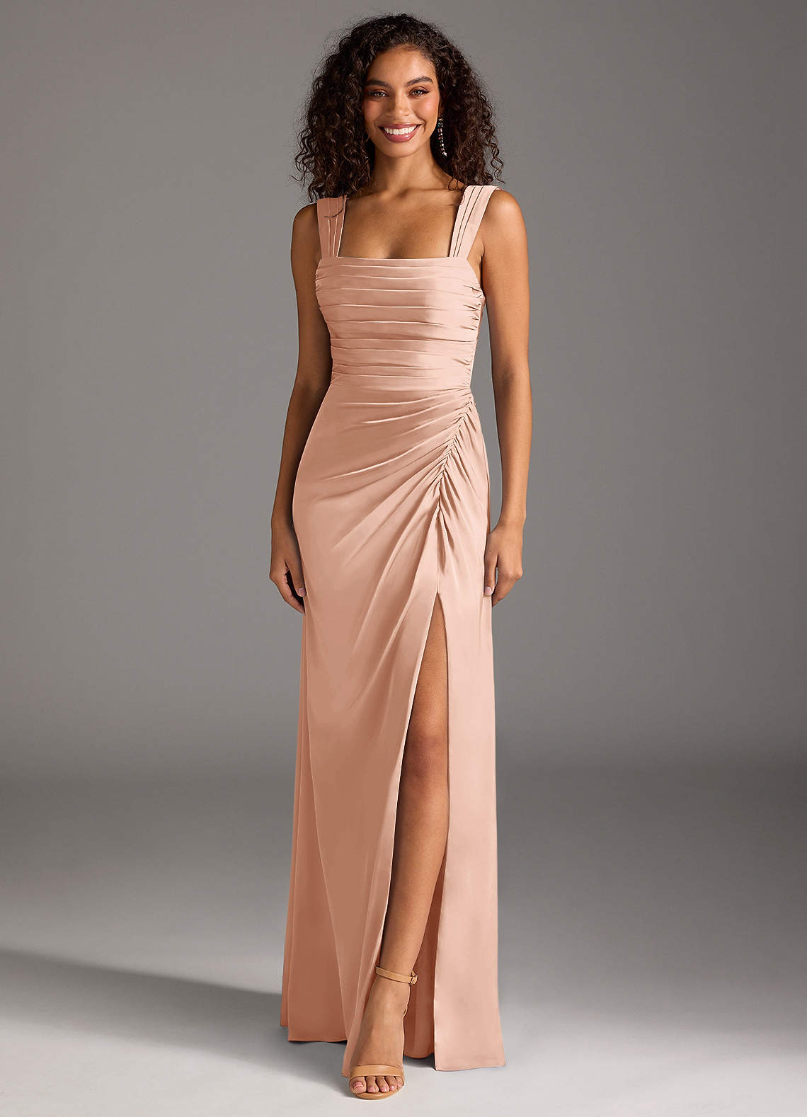 Azazie Jesaphine Bridesmaid Dresses Rose Gold Sheath Bow Stretch Satin Dress image1