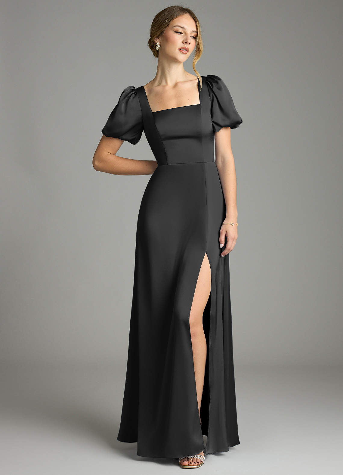 Azazie Fyona Vestidos de madrinha de casamento Vestido Preto de Cetim elástico de Linha A com Plissado image8