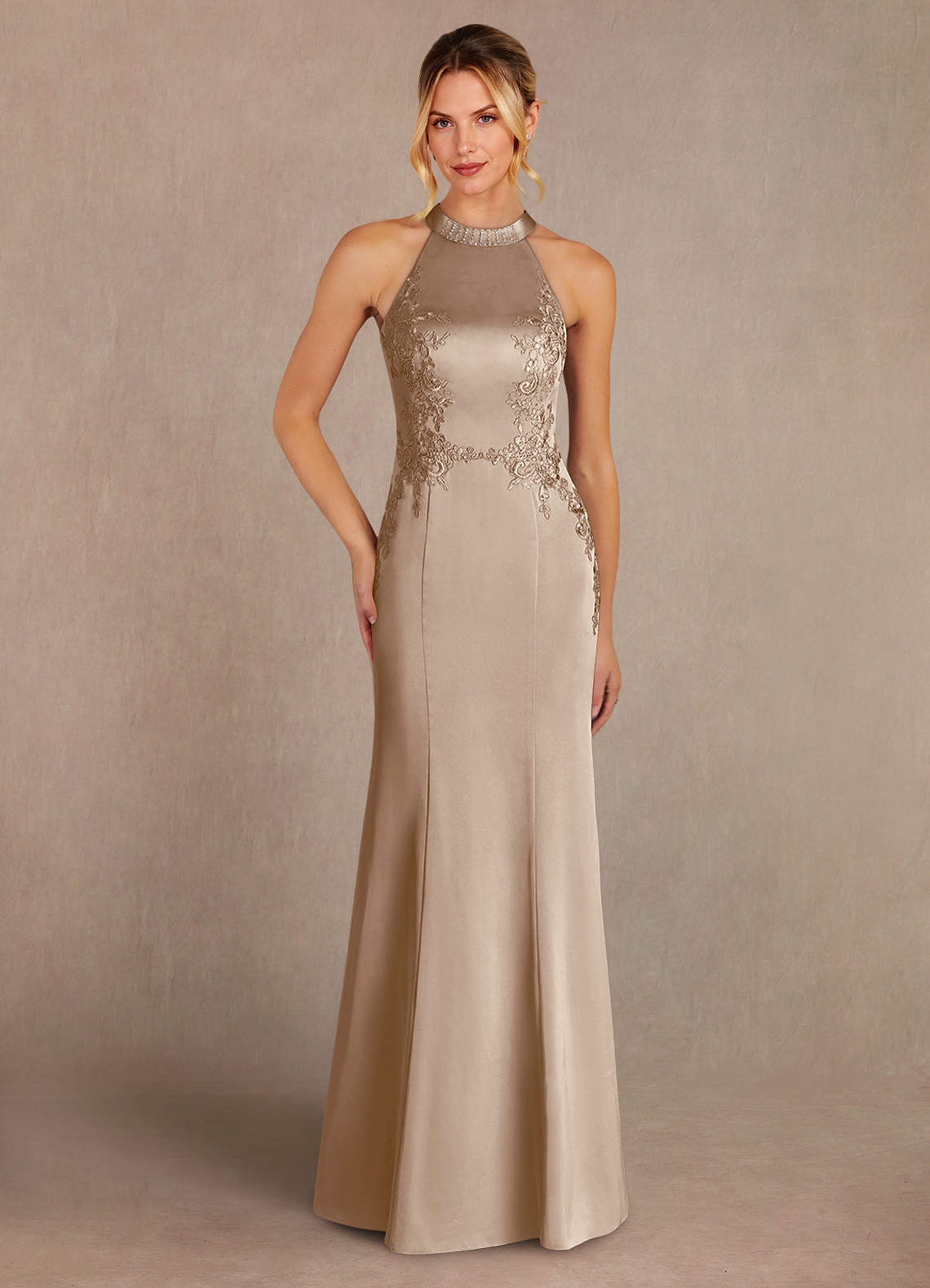 Azazie Tyra Mère de la mariée Robes Robe Sirène en Satin extensible Dentelle Taupe image1