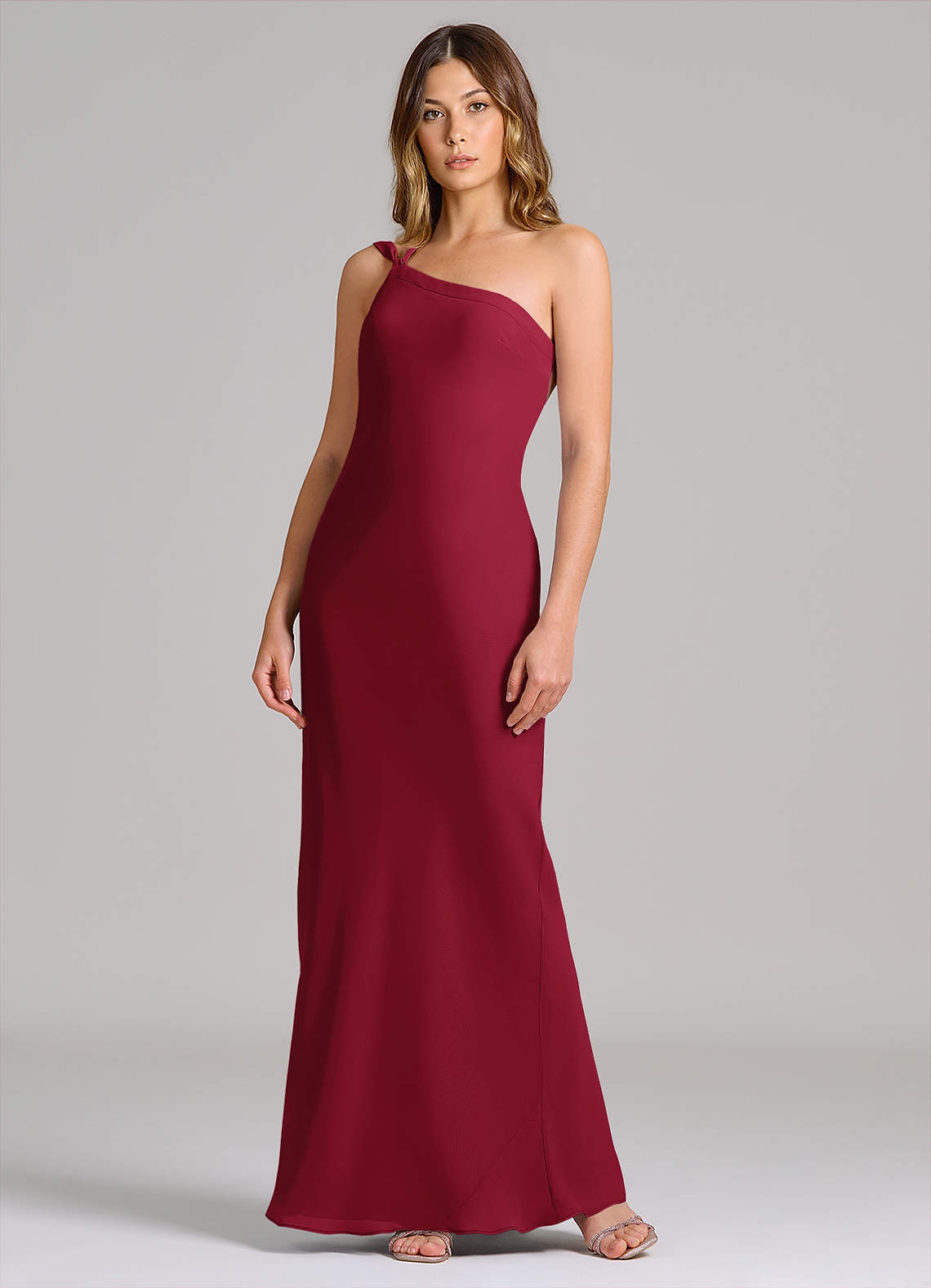 red chiffon one shoulder dress Azazie Monroe